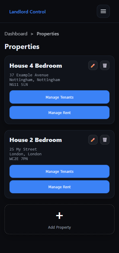 Landlord Control properties dashboard screenshot