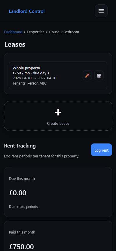 Landlord Control rent snapshot screenshot