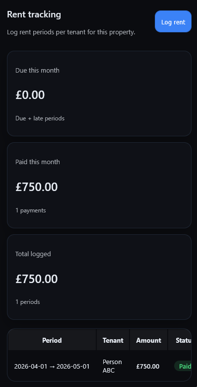 Landlord Control rent tracking screenshot