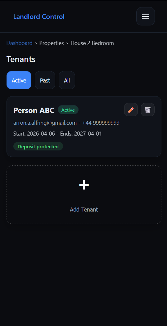 Landlord Control tenant management screenshot
